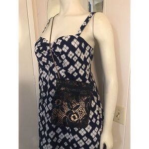 Carlos Falchi Vintage Black Suede Blue and Gold Embossed Small Crossbody Zip Bag